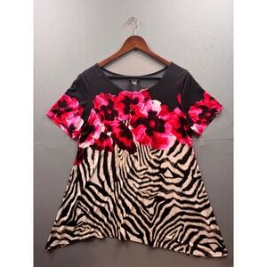 Isabel Womens Floral Zebra Print Tunic Top Black Pink Short Sleeve Studded Large